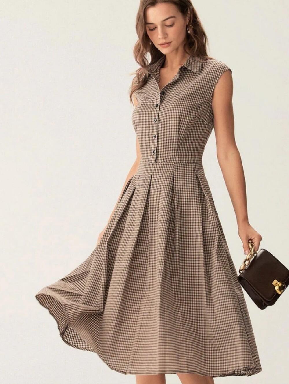 RIHOAS Brown Gingham Sleeveless Shirt Dress - Picture 4 of 7